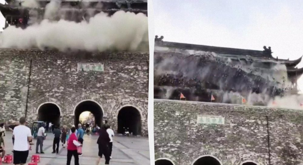 В Китае обрушение исторической башни поразило туристов (видео)