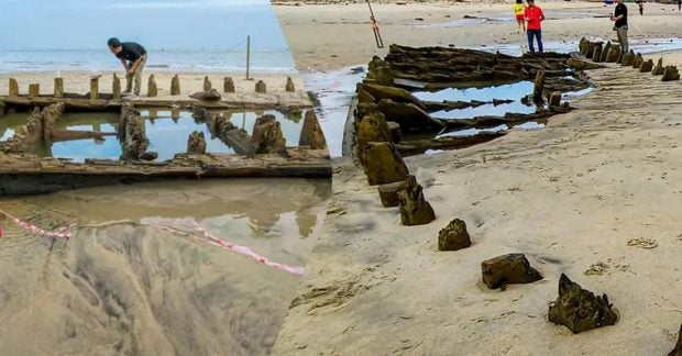 На пляже Вьетнама после урагана обнаружили фрагменты старинного судна На пляже Вьетнама после урагана обнаружили фрагменты старинного судна